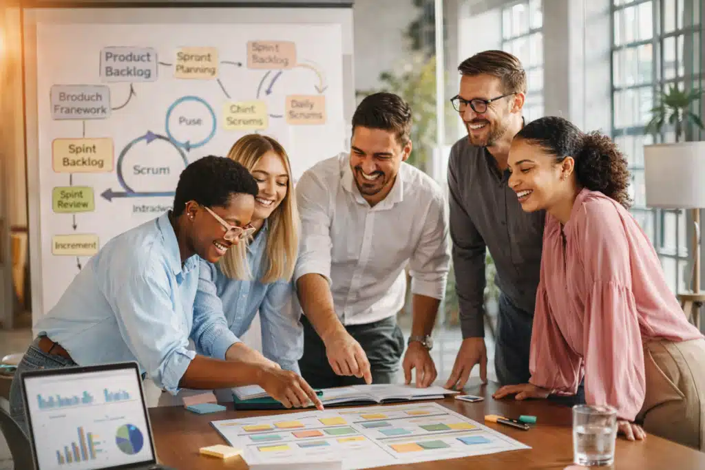 Scrum-Meeting im modernen Büro, EHS Erasmus Hochschule Basel